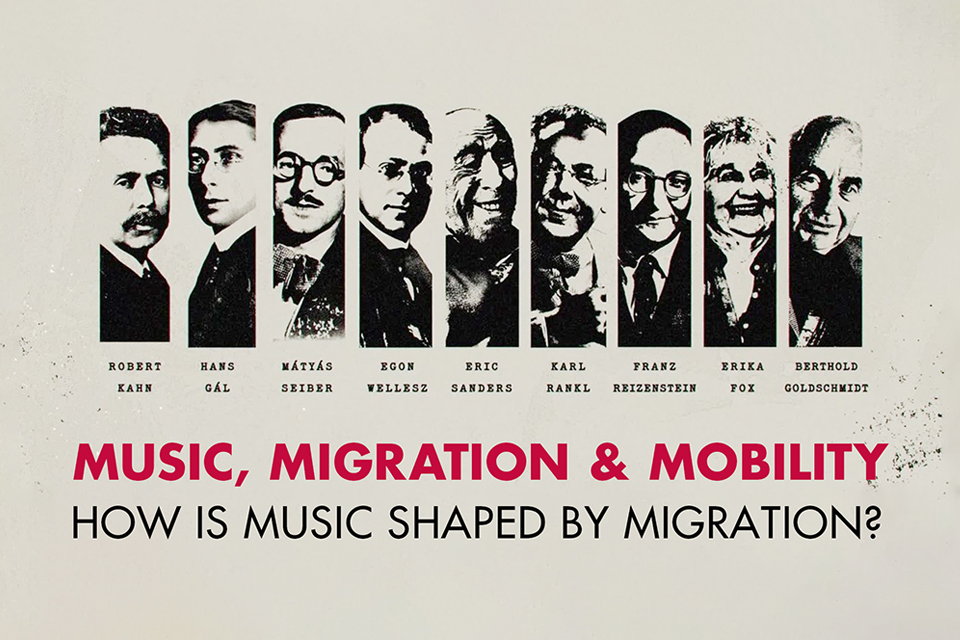 Black & white images of 9 people with text captioning each person. Text below reads 'Music, Migration & Mobility. How is music shaped by migration?'